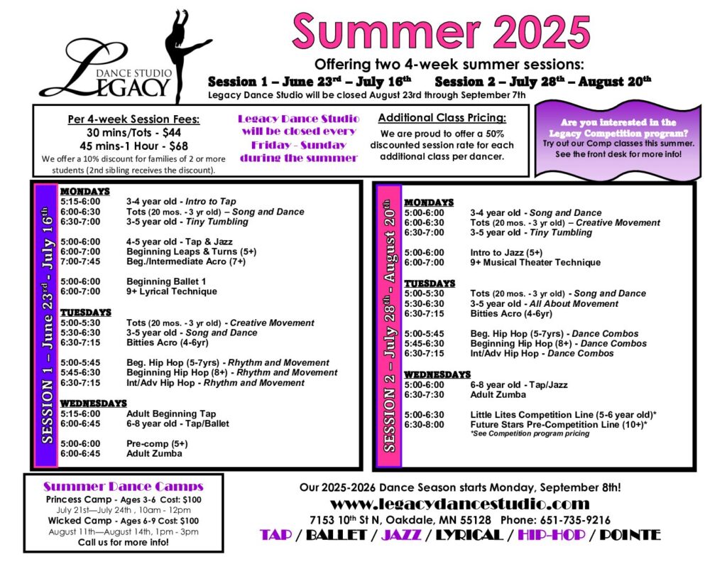 Summer schedule 2025 | Legacy Dance Studio